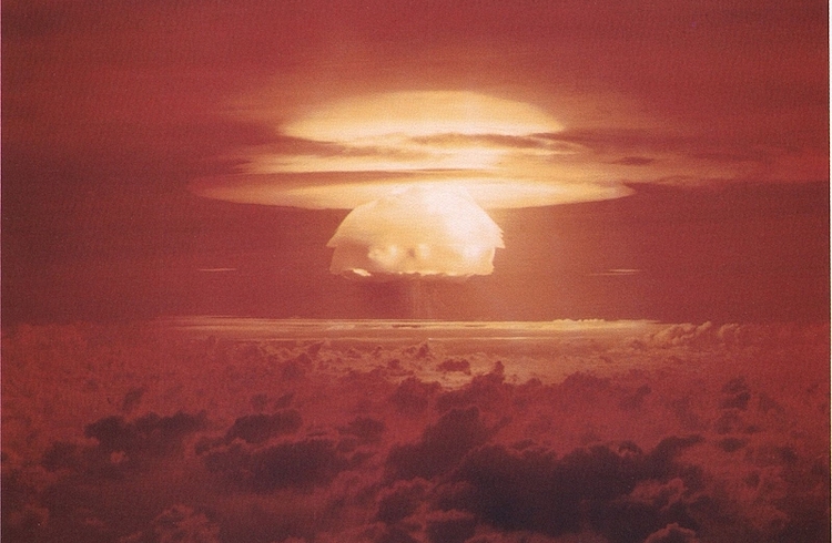 Nuclear weapon test Bravo (yield 15 Mt) on Bikini Atoll. The test was part of the Operation Castle. The Bravo event was an experimental thermonuclear device surface event. Credit: Wikimedia Commons.