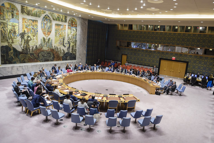 Photo: A wide view of the Security Council meeting on threats to international peace and security. 22 August 2019. United Nations, New York. Credit: UN Photo/Manuel Elias.
