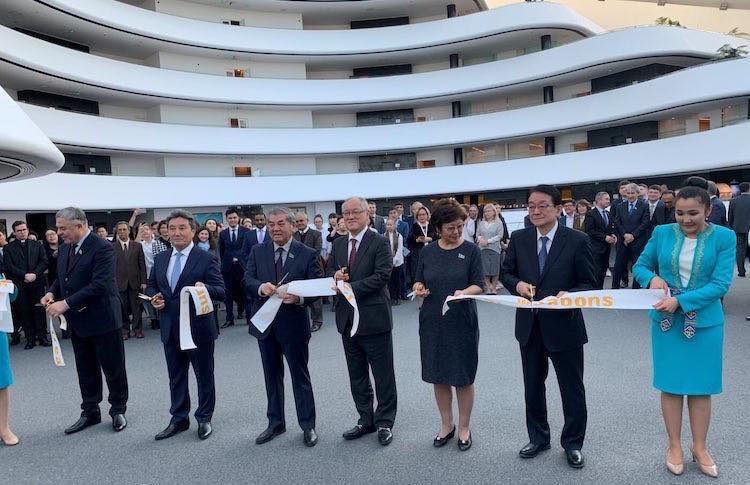 Ribbon-cutting ceremony opens ‘Everything You Treasure…’ exhibition (from left to right): Sapar Akhmetov, member of the Mazhilis (lower house) of the Parliament of Kazakhstan, Amerkhan Rakhimzhanov, Director of the Library of the First President of the Republic of Kazakhstan – Elbassy, Kuanysh Sultanov, Chairman of the Human Rights Commission of Kazakhstan under the First President of Kazakhstan, Tatsuhiko Kasai, Ambassador of Japan to Kazakhstan, Bizhanova Gulnara Kadyrzhankyzy, member of the Mazhilis of Parliament of Kazakhstan, Hirotsugu Terasaki, Director General of Peace and Global Issues of the SGI. Photo credit: Katsuhiro Asagiri | IDN-INPS.