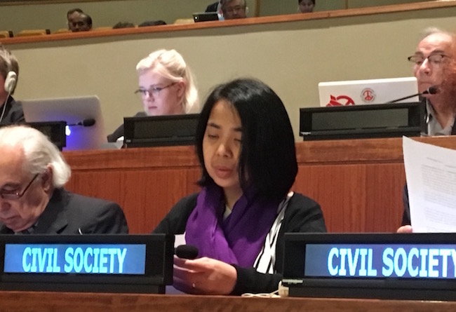 Photo: Jasmin Nario-Galace of Pax Christi Philippines reading out public statement on behalf of the faith communities on March 28 at the United Nations Conference in New York to negotiate 