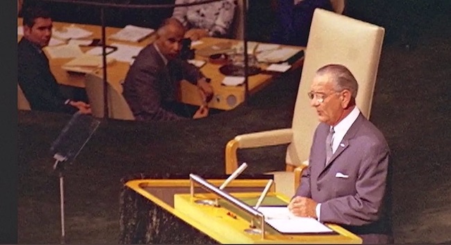 Photo: US President Lyndon Johnson addresses the UN General Assembly during the signing of the Nuclear Non-Proliferation Treaty, 1968. Eventually, 188 countries signed the treaty, which was made into law in 1970. Photo credit: Screen capture from the documentary 'Good Thinking, Those Who've Tried To Halt Nuclear Weapons'.