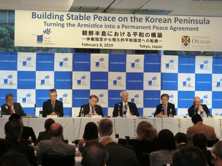 Photo (from left to right): Noboru Yamaguchi (Japan); Yang Xiyu (China), Chung-in Moon (South Korea), Kevin Clements (Coordinator: Toda Institute), Joseph Yun (USA), Georgy Toloraya (Russia). Credit: Yukie Asagiri.