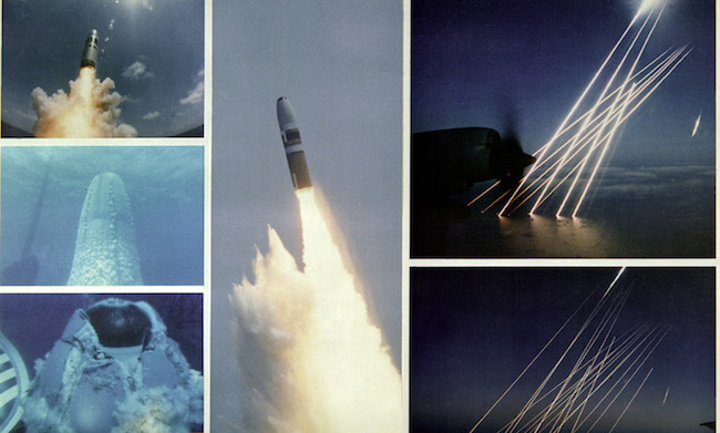 Photo: Montage of an inert test of a United States Trident SLBM (submarine launched ballistic missile), from submerged to the terminal, or re-entry phase, of the multiple independently targetable reentry vehicles. Credit: Wikimedia Commons.