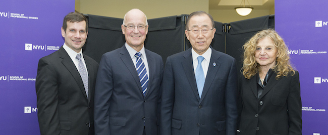 Photo: Ban Ki-moon (centre right) delivered a keynote address on 'The Future of Multilateral Disarmament' at an event hosted by the Centre for Global Affairs (CGA) of New York University (NYU) on 22 November. From left: Dennis Di Lorenzo, Dean of NYU School of Professional Studies; Andrew Hamilton, President of NYU; Vera Jelinek, Divisional Dean and Associate Professor at NYU School of Professional Studies Center for Global Affairs. Credit: UN Photo/Rick Bajornas