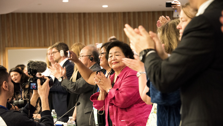 Photo: Applause for adoption of the UN Treaty Prohibiting Nuclear Weapons on July 7, 2017 in New York. Credit: ICAN
