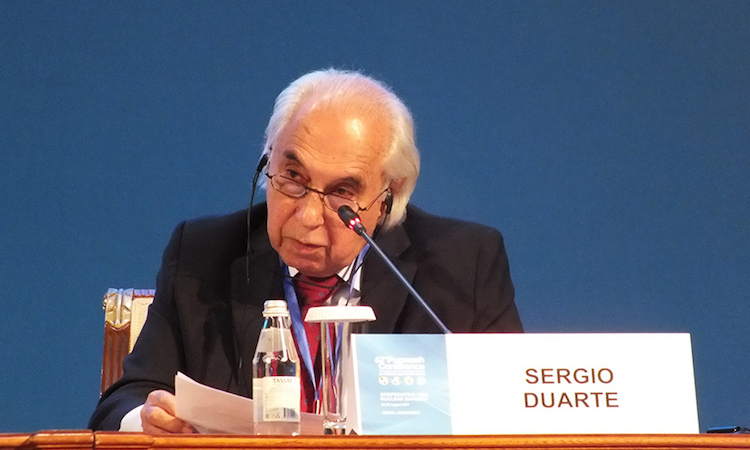 Photo: Sergio Duarte speaks at the August 2017 Pugwash Conference on Science and World Affairs held in Astana, Kazakhstan. Credit: Pugwash.