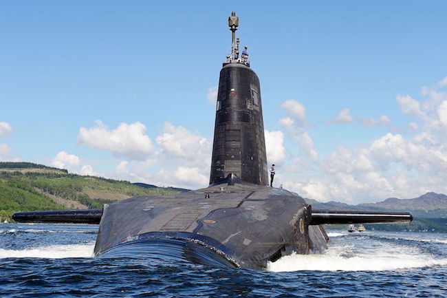 Photo: A Trident missile-armed Vanguard-class ballistic missile submarine leaving its base at HMNB Clyde. Credit: Wikimedia Commons.