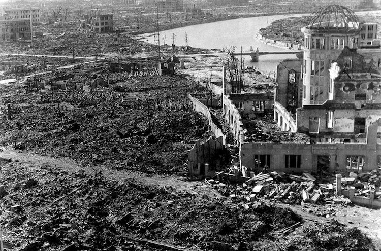 Photos: (Top) The remains of the Prefectural Industry Promotion Building, later preserved as a monument - known as the Genbaku Dome - at the Hiroshima Peace Memorial. UN Photo | (Middle) Jayantha Dhanapala. Credit: UNODA.