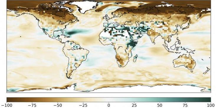 Image: A map showing the changes in the productivity of ecosystems around the world in the second year after a nuclear war between India and Pakistan. Regions in brown would experience steep declines in plant growth, while regions in green could see increases. (Credit: Nicole Lovenduski and Lili Xia). Source: University of Colorado Boulder.