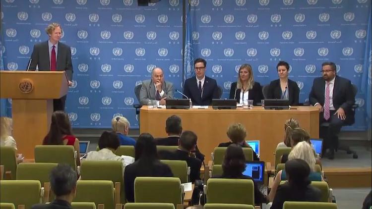 Photo: (left to right): Austria's Permanent Representative to the UN, Jan Kickert (standing); Brazil's Permanent Representative to the UN Mauro Luiz Iecker Vieira; ICAN Asia-Pacific Director Tim Wright; ICAN Executive Director Beatrice Fihn; ICAN Steering Group member Ray Acheson: and Costa Rica's Permanent Representative to the UN, Juan Carlos Mendoza. Credit: UN