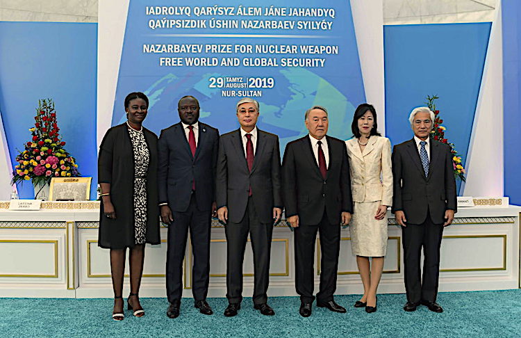 Photo (left to right): Ms Zerbo, her husband Nazarbayev Prize laureate CTBTO Executive Secretary Lassina Zerbo, Kazakh President Tokayev, First President Nazarbayev, Ms Yukika Amano, widow of late IAEA Director General Yukiya Amano, Nazarbayev Prize laureate and his brother Mari Amano. Credit: akorda.kz.