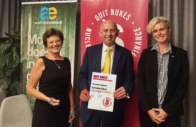 Photo (L-R): Quit Nukes Director Margaret Peril, Australian Ethical Acting CEO Steve Gibbs, ICAN Australia Director Gem Romuld. Source: Quit Nukes.