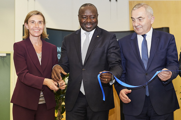 Photo: Opening of the CTBT exhibition in the Vienna International Centre's Rotunda on the occasion of the CTBTO20 Ministerial Meeting June 2016. From left: Federica Mogherini, EU High Representative for Foreign Affairs and Security Policy, CTBTO Executive Secretary Lassina Zerbo and Lazӑr Comӑnescu, Foreign Minister of Romania.