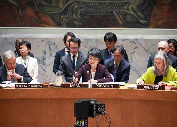 Japanese Foreign Minister Yoko Kamikawa chairs a UN Security Council meeting on nuclear disarmament in New York on March 18. She has warned that “the world now stands on the cusp of reversing decades of declines in nuclear stockpiles.” Credit: Japanese Foreign Ministry