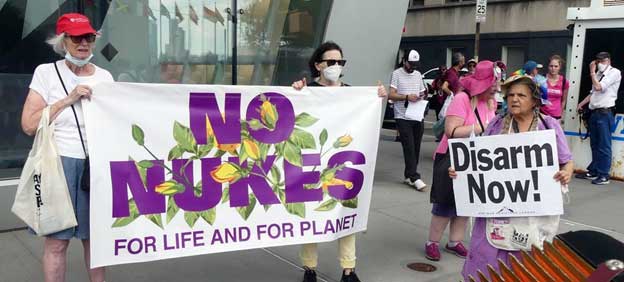 Protestors air their views on non-proliferation opposite UN Headquarters in New York. Credit: ICAN/Seth Shelden