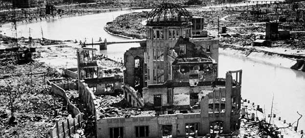 The remains of the Prefectural Industry Promotion Building, after the dropping of the atomic bomb, in Hiroshima, Japan. This site was later preserved as a monument. Credit: UN Photo/DB