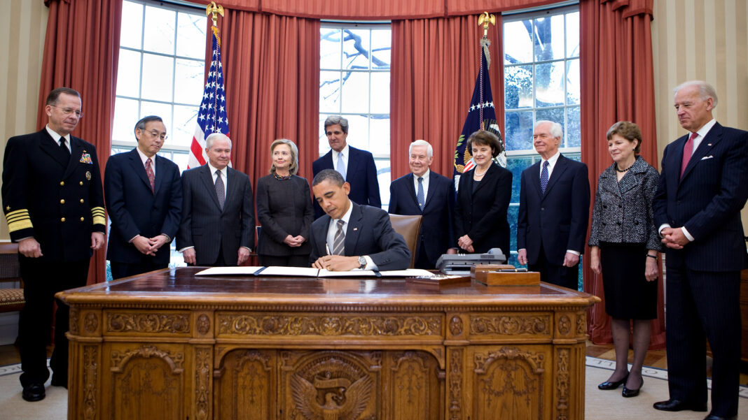 Photo: President Barack Obama signed the instrument of ratification of the New START Treaty in the Oval Office, February 2, 2011. Participants included then-Vice President Joe Biden. Source: Official White House Photo by Chuck Kennedy)
