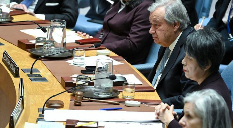 UN Secretary-General António Guterres (center right) attends a Security Council meeting on nuclear disarmament and non-proliferation on March 18, 2024. With geopolitical tensions escalating the risk of nuclear warfare to its highest point in decades, reducing and abolishing nuclear weapons is the only viable path to saving humanity. The UN chief told the Security Council delegates that he was deeply concerned about the continuous erosion of the international non-proliferation architecture.Credit: UN Photo/Evan Schneider