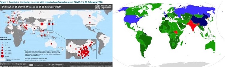 Graphic: Collage of COVID-19 affected countries from World Health Organisation (left) and NPT partner countries from Wikimedia Commons